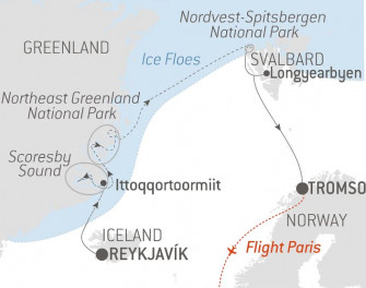 Маршрут круиза «Полярная одиссея по северо-восточной Гренландии и Шпицбергену»