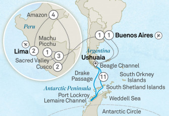 Маршрут круиза «Мачу-Пикчу, Амазонка и Антарктида: комбинированный тур»