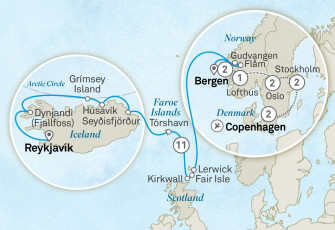 Маршрут круиза «Чудеса Скандинавии: Исландия, норвежские фьорды и Фэйр-Айл - комбинированный тур»