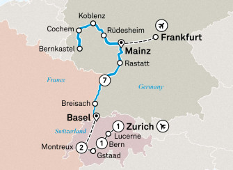 Маршрут круиза «Швейцария и очаровательные замки и виноградники Рейна и Мозеля»