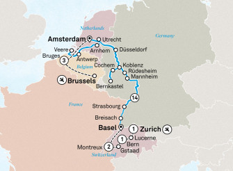 Маршрут круиза «Романтичный Рейн и Мозель, Брюгге и Швейцария»
