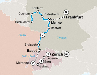 Маршрут круиза «Швейцария и очаровательные замки и виноградники Рейна и Мозеля»