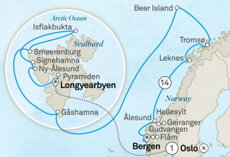 Маршрут круиза «Норвежские фьорды, дикая природа Шпицбергена за Полярным кругом»